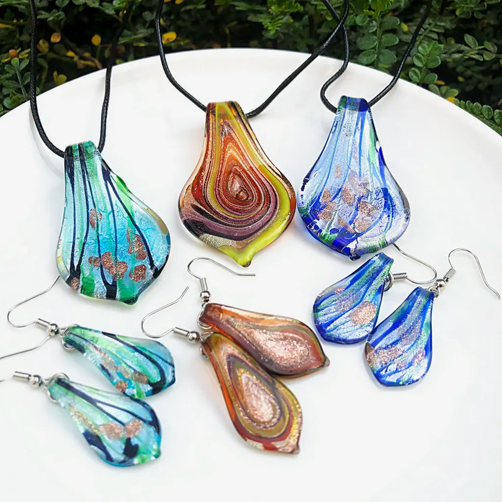 Fashion 3set   Glass Floral Leaf Shape Pendant Necklace Earrings Jewelry Set Handmade Personalized Jewelry for Women