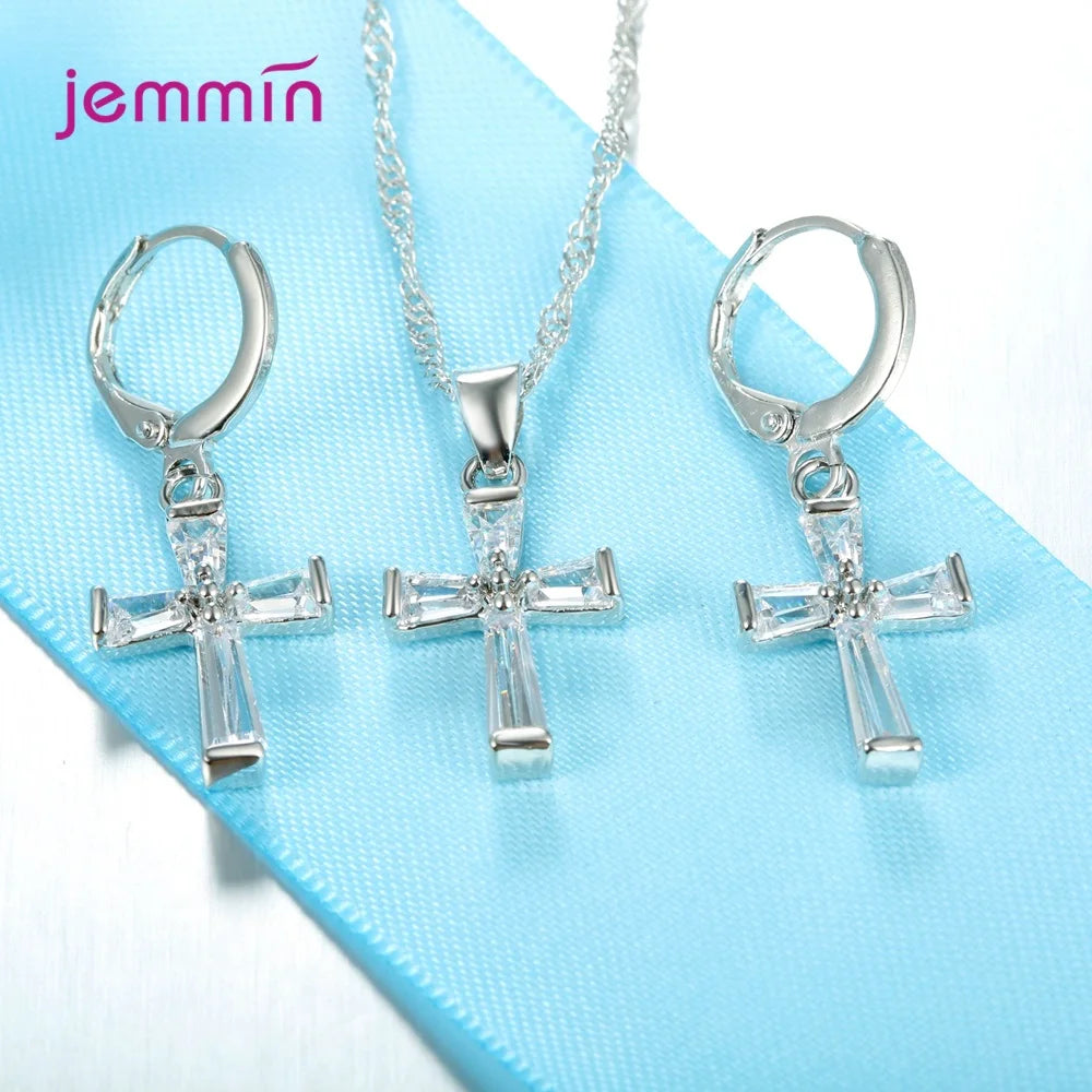 Fashion Jewelry Set For Women Girls 925 Silver  Jewelry Set Crossing Pendant Necklace Hoop Earrings Wedding Engagement