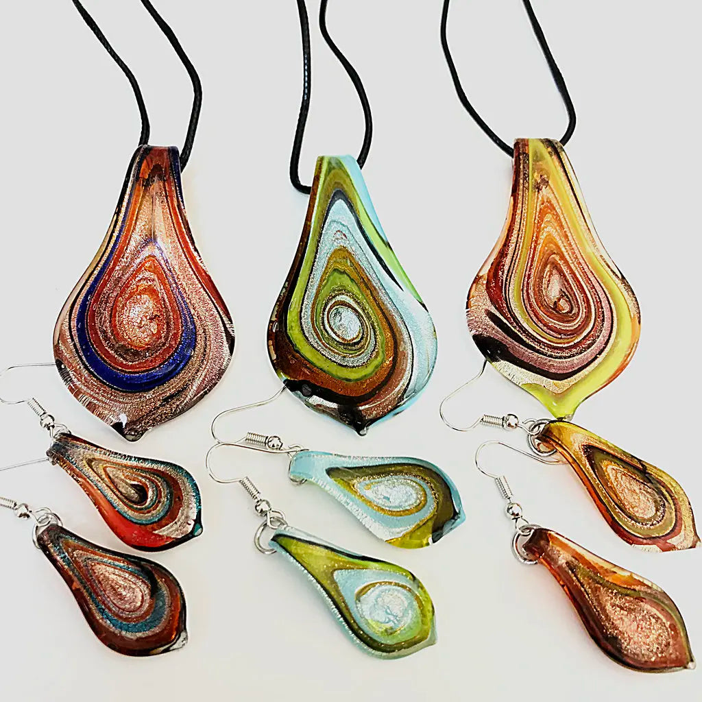 Fashion 3set   Glass Floral Leaf Shape Pendant Necklace Earrings Jewelry Set Handmade Personalized Jewelry for Women