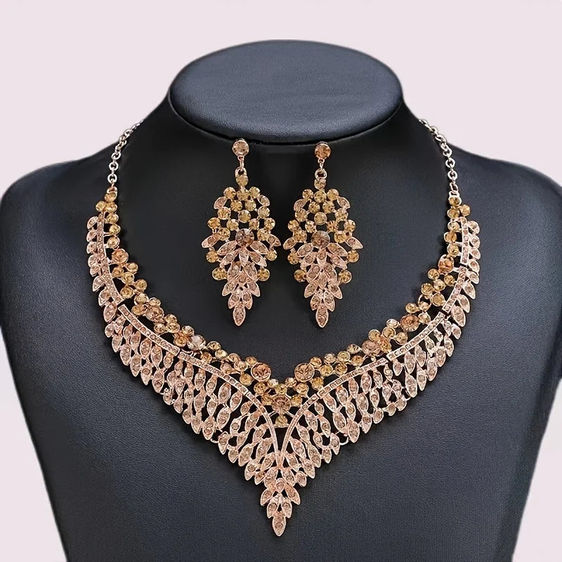 European and American Fashion Shines with Inlaid Zircon Necklace Earrings, Luxurious Wedding Banquet Jewelry Gifts for Women