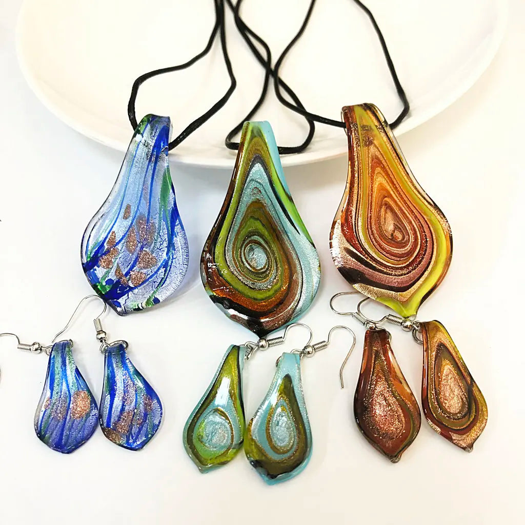 Fashion 3set   Glass Floral Leaf Shape Pendant Necklace Earrings Jewelry Set Handmade Personalized Jewelry for Women