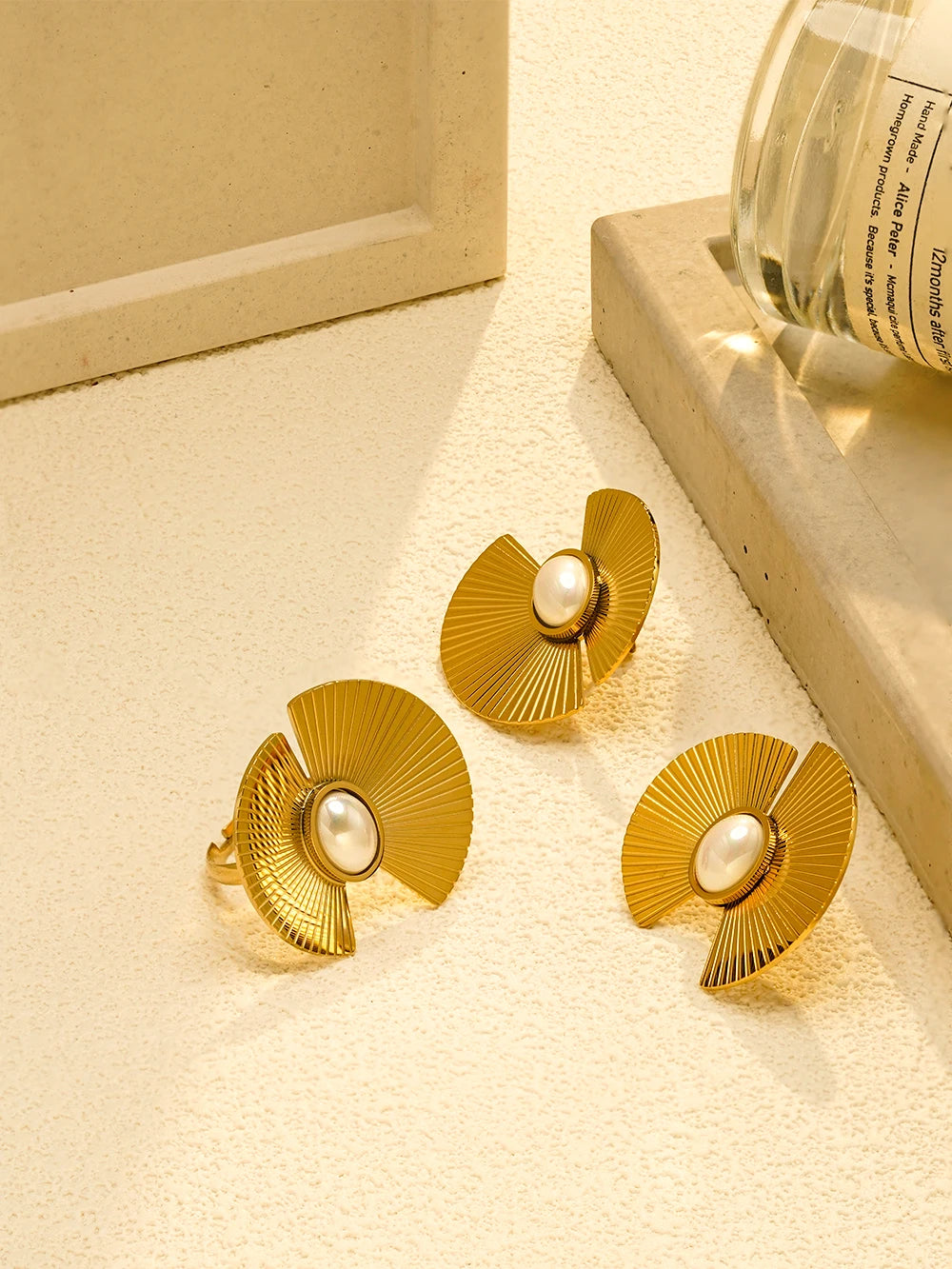 ENFASHION Aretes Flower Batch Pearl Stud Earrings For Women's Stainless steel 18K Gold Plated Fashion Ring Set Jewelry E251738