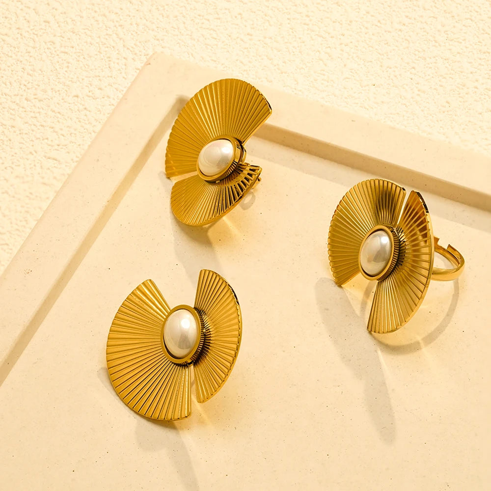 ENFASHION Aretes Flower Batch Pearl Stud Earrings For Women's Stainless steel 18K Gold Plated Fashion Ring Set Jewelry E251738