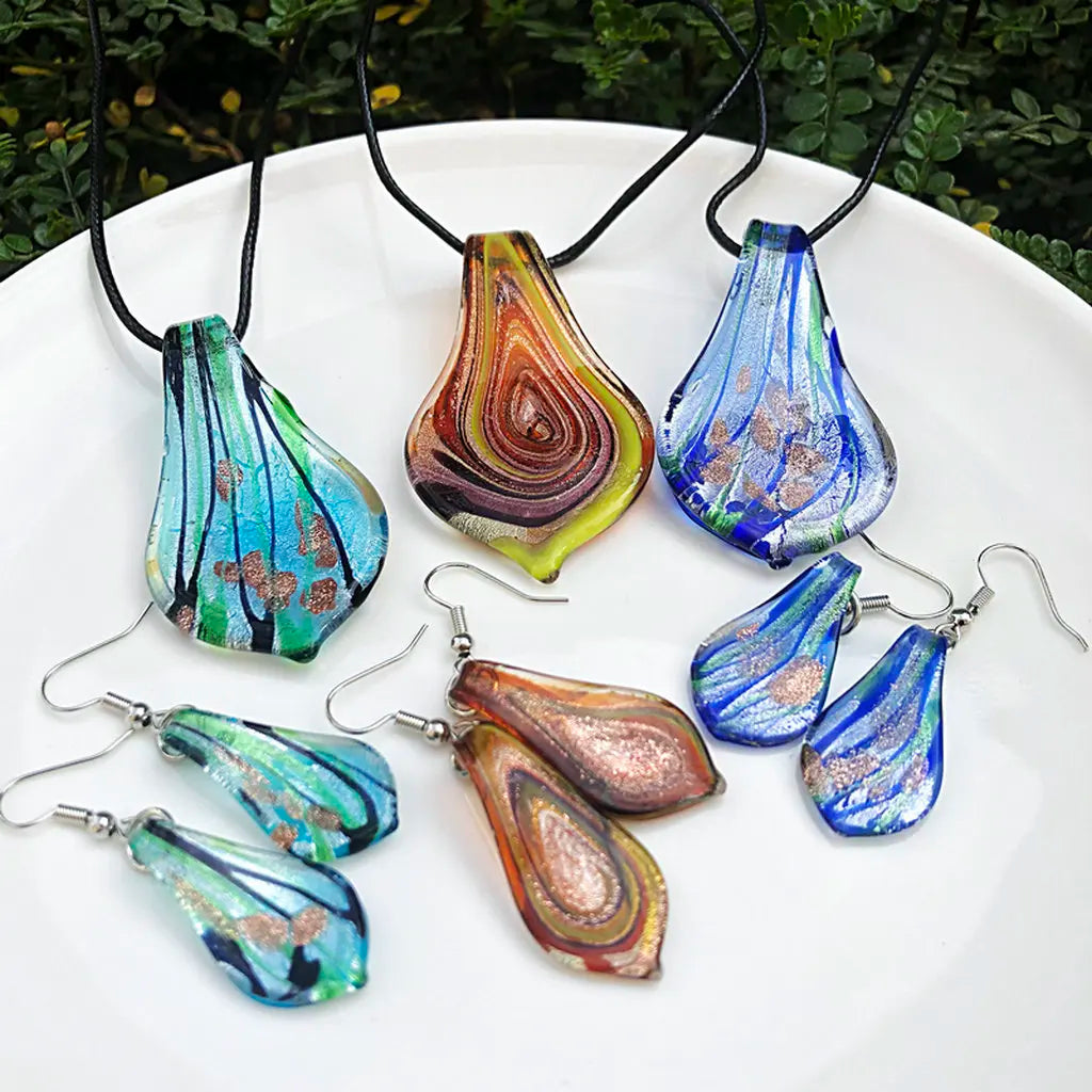 Fashion 3set   Glass Floral Leaf Shape Pendant Necklace Earrings Jewelry Set Handmade Personalized Jewelry for Women