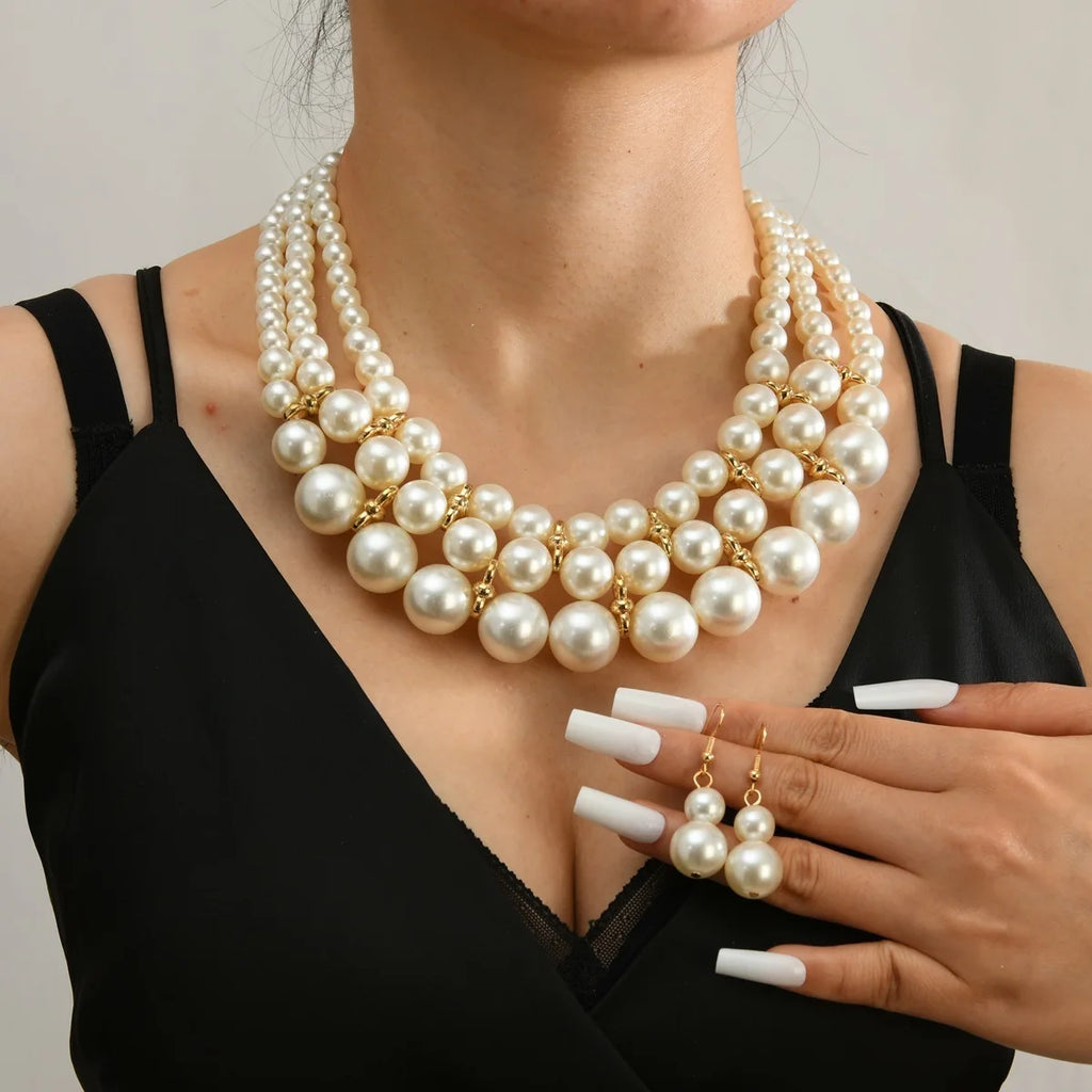 Bridal Wedding Jewelry Set New Fashion Multi layer Handmade Imitation Pearl Necklace and Earrings Women's Party Accessories