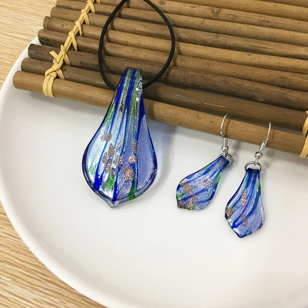 Fashion 3set   Glass Floral Leaf Shape Pendant Necklace Earrings Jewelry Set Handmade Personalized Jewelry for Women