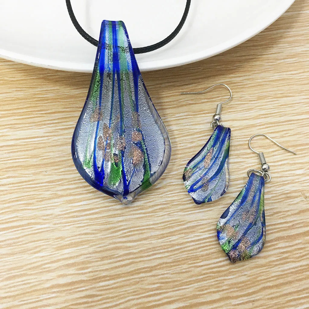 Fashion 3set   Glass Floral Leaf Shape Pendant Necklace Earrings Jewelry Set Handmade Personalized Jewelry for Women