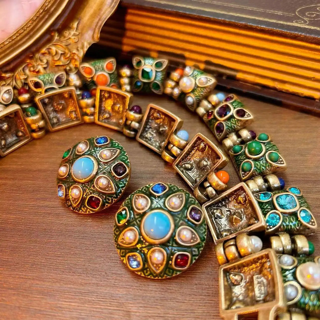 Fashion court gems color exaggerated enamel alloy medieval necklace earrings
