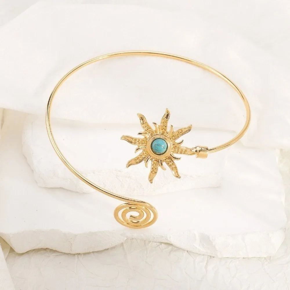 Simple Alloy Arm Cuff Turquoise Twist Line Cuff Bangle for Women Arm Chain Sun Wide Open Arm Cuff Jewelry