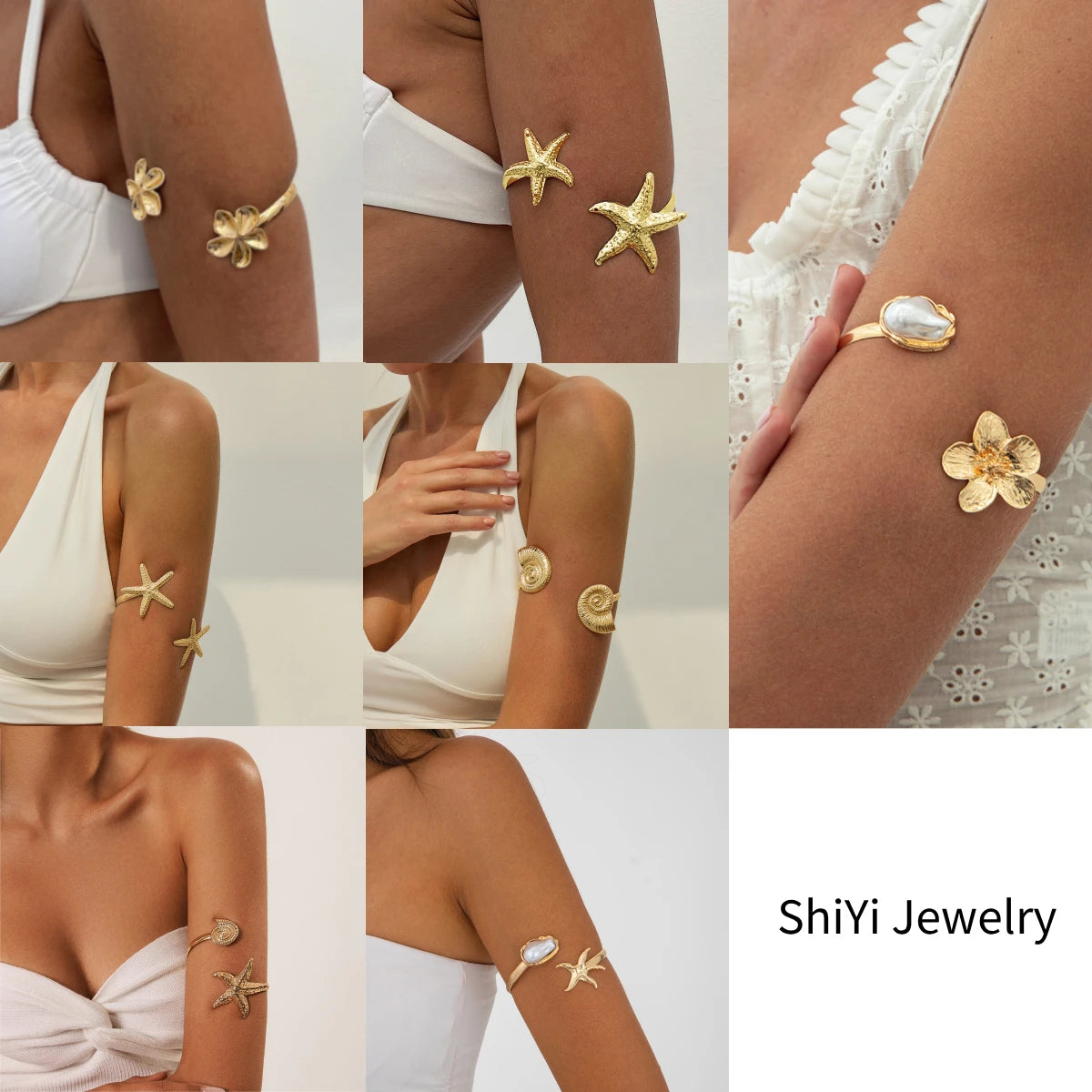 Luxury Gold Color Arm Bangles Stainless Steel Ocean Elements Bracelet Jewelry for Women, Hypoallergenic Gift & Party Accessories