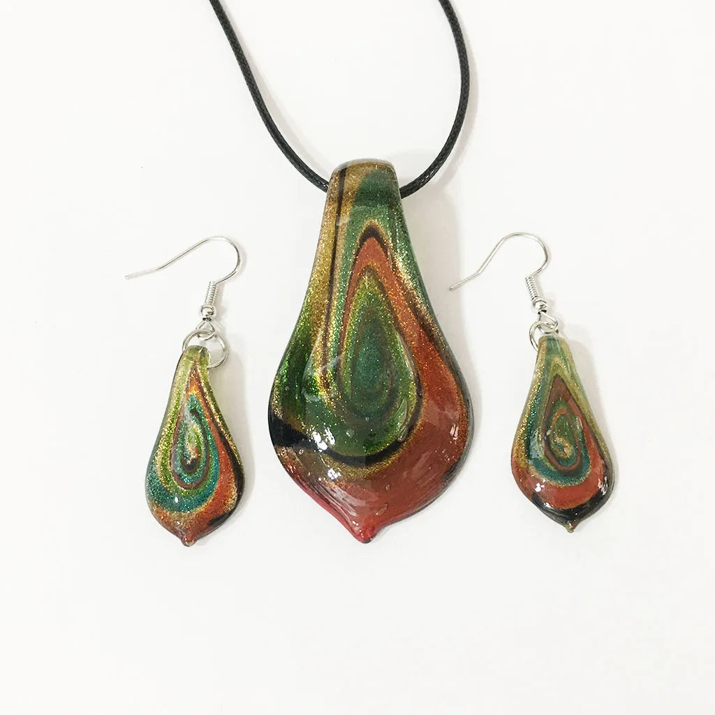 Fashion 3set   Glass Floral Leaf Shape Pendant Necklace Earrings Jewelry Set Handmade Personalized Jewelry for Women