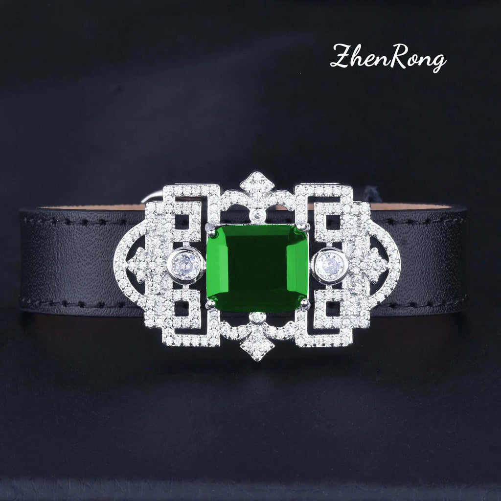 Foydjew Luxury Jewelry Women Artificial Emerald Choker Wristband Collar Pendant Necklaces Inlaid Zircon Leather Belt Bracelets