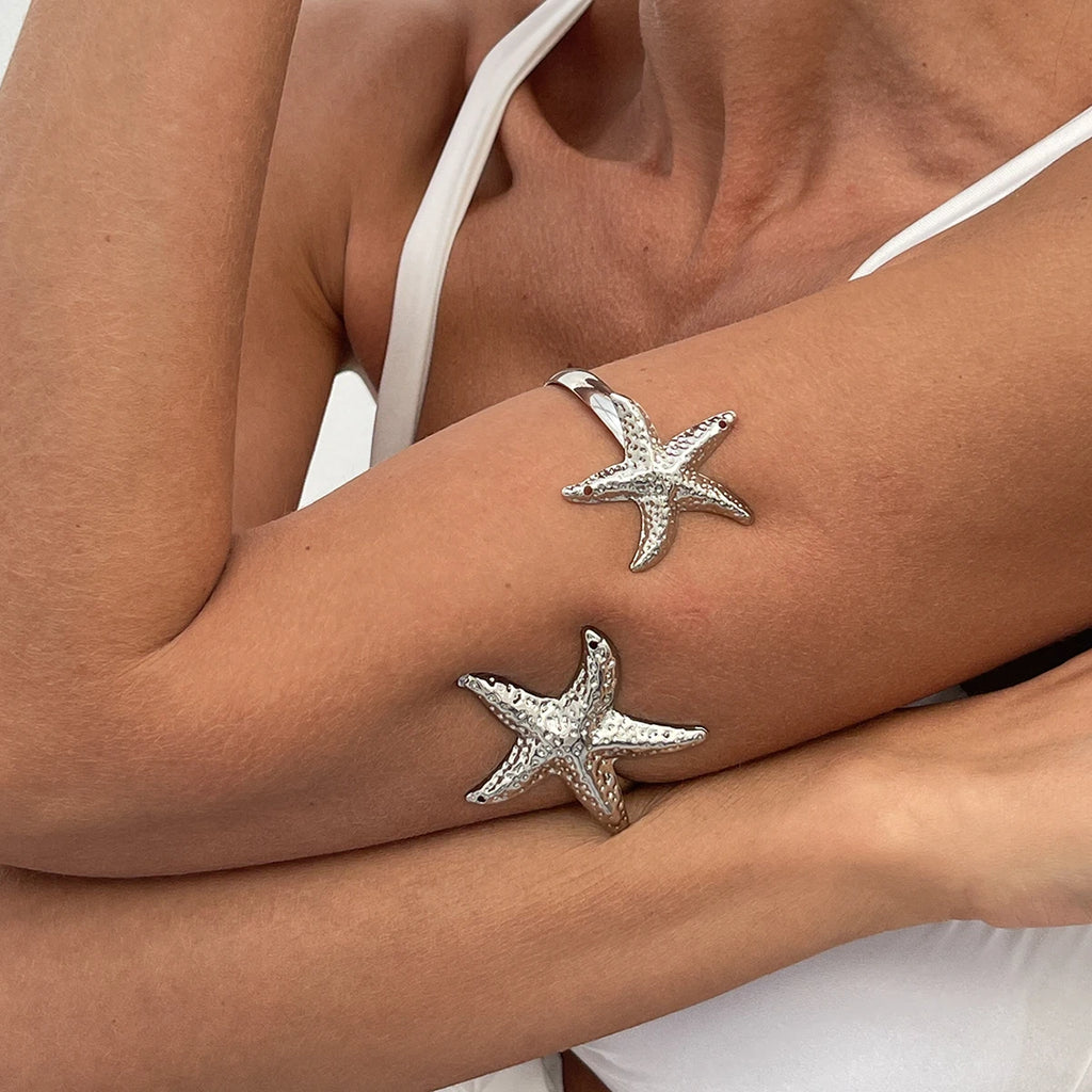 IngeSight.Z 2025 Trendy Starfish Open Cuff Bangles for Women Simple Flower Spiral Arm Bracelet Beach Vacation Jewelry Gift