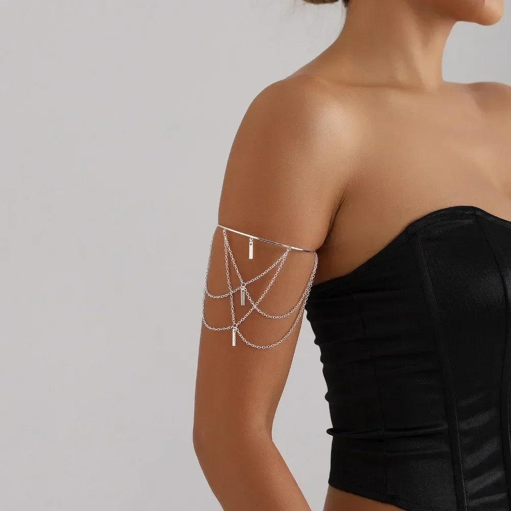 Gold Color Open Upper Arm Bracelet Women's Jewelry Rectangle Charm Tassel Arm Bangle Party Summer Fashion Accessories New