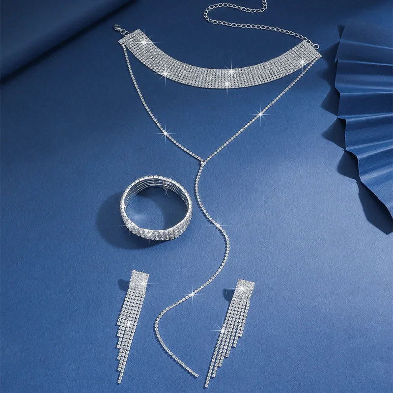 FYUAN Fashion Black Rhinestone Necklace Bracelet Earrings For Women Long Tassel Chain Necklace Lady Party Weddings Jewelry Sets