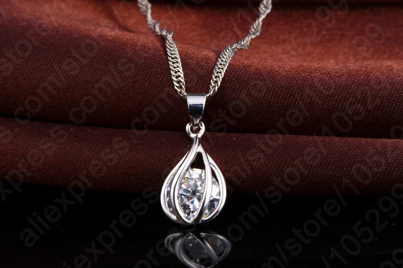 Fashion Popular Jewelry Set For Women Shiny Crystal Stone 925 Sterling Silver Pendant Necklace Hoop Earring Party Gift