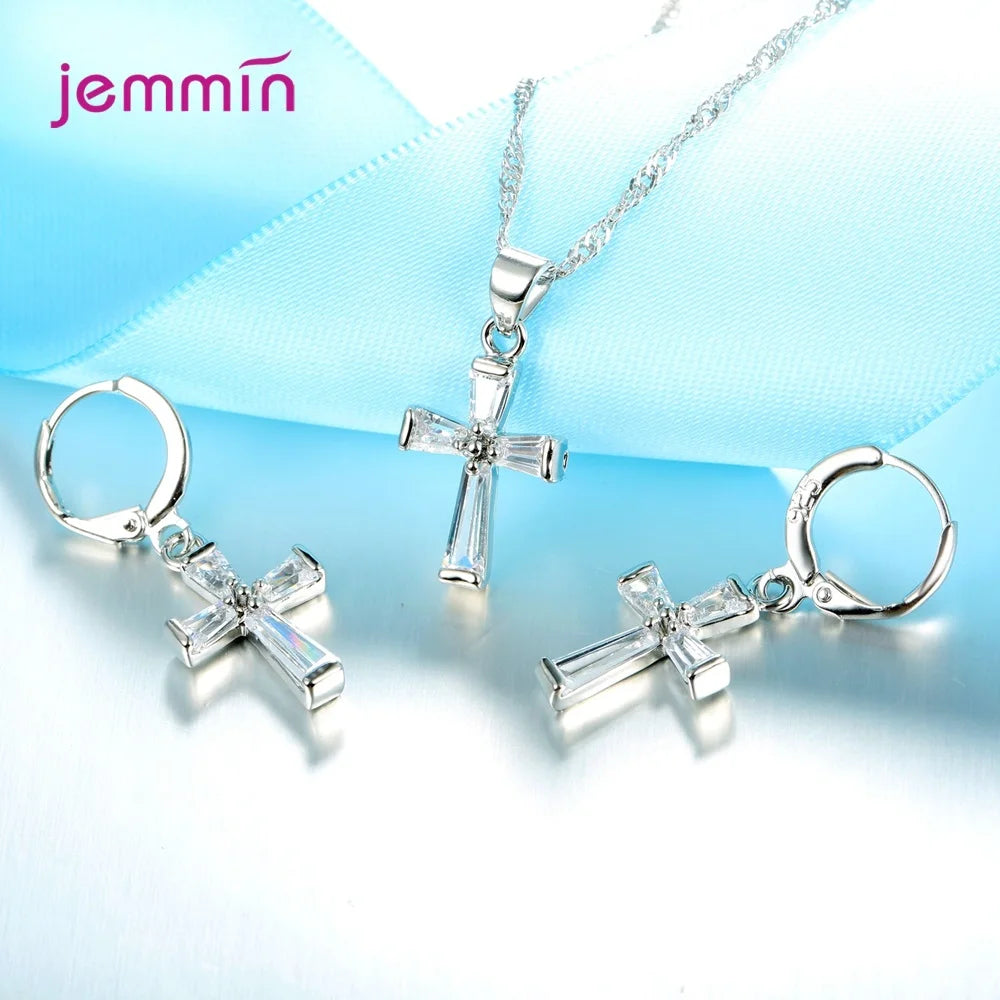 Fashion Jewelry Set For Women Girls 925 Silver  Jewelry Set Crossing Pendant Necklace Hoop Earrings Wedding Engagement
