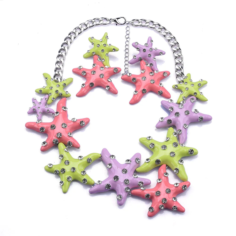 2025 New Fashion Enamel Starfish Necklace Earrings Women Jewelry Sets Indian Large Collar Metal Chain Choker Necklace Jewelry