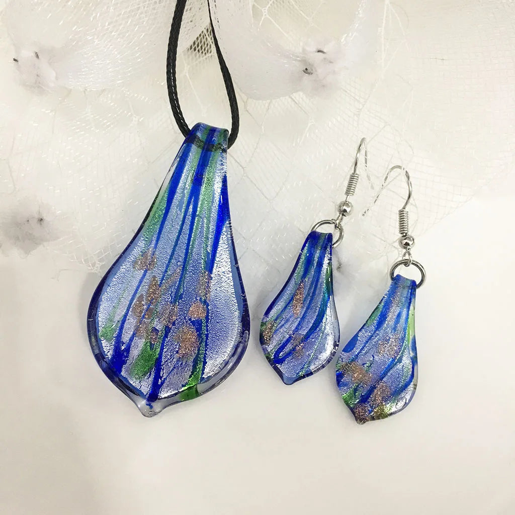 Fashion 3set   Glass Floral Leaf Shape Pendant Necklace Earrings Jewelry Set Handmade Personalized Jewelry for Women