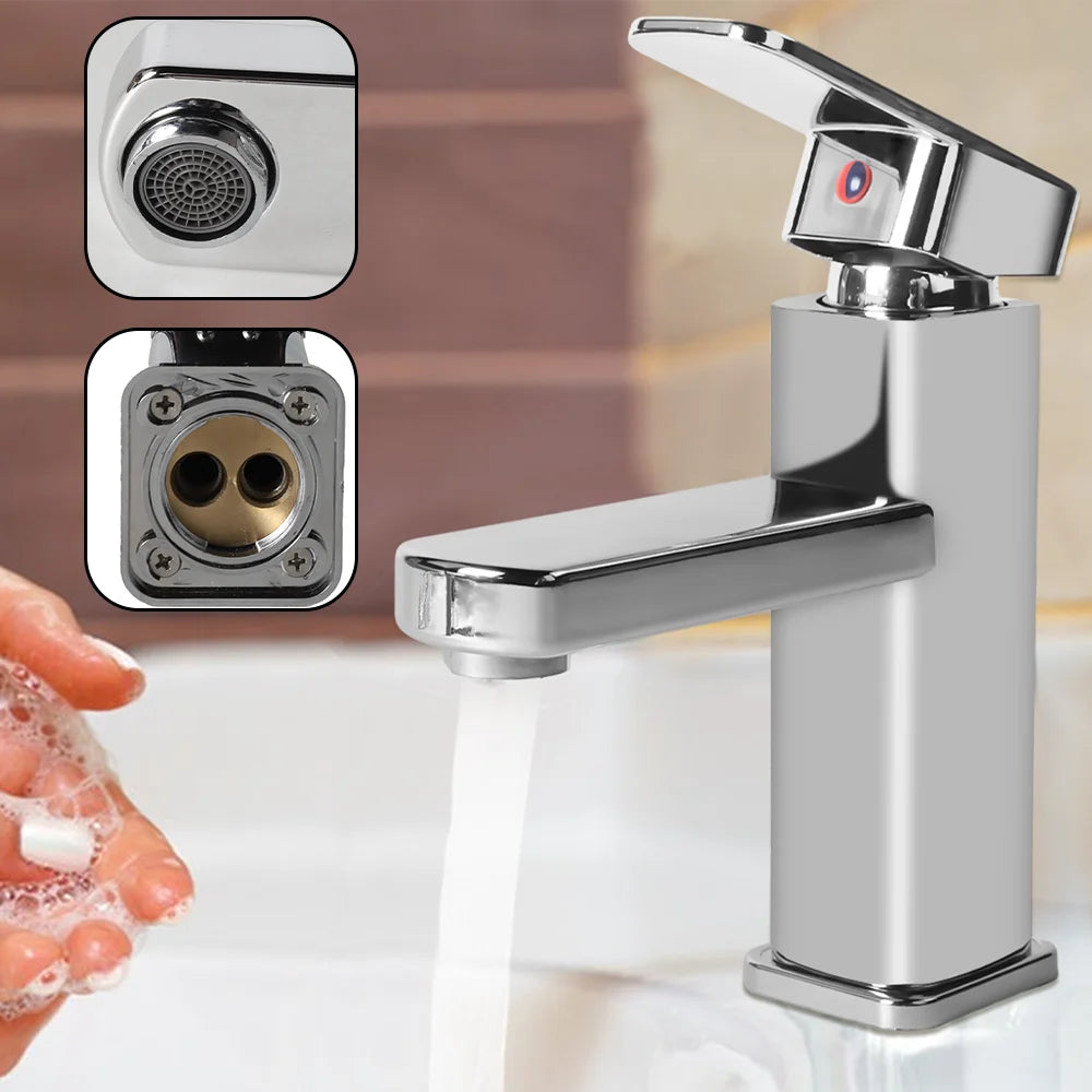 Bathroom Sink Faucet Square Basin Faucet Hot & Cold Water Mixed Water Faucet Vanity Tap Deck Mounted Washbasin Tap