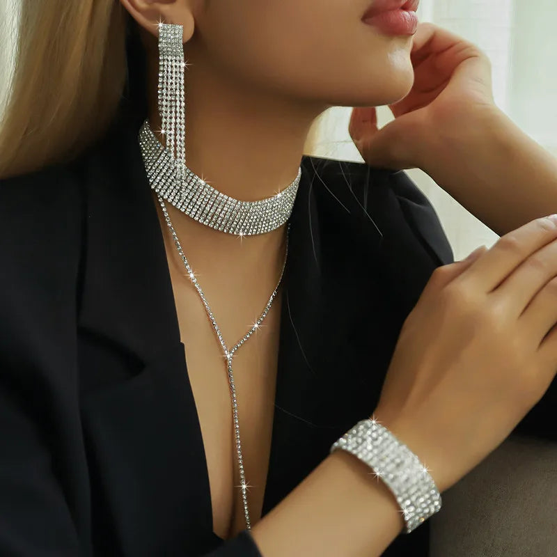 FYUAN Fashion Black Rhinestone Necklace Bracelet Earrings For Women Long Tassel Chain Necklace Lady Party Weddings Jewelry Sets