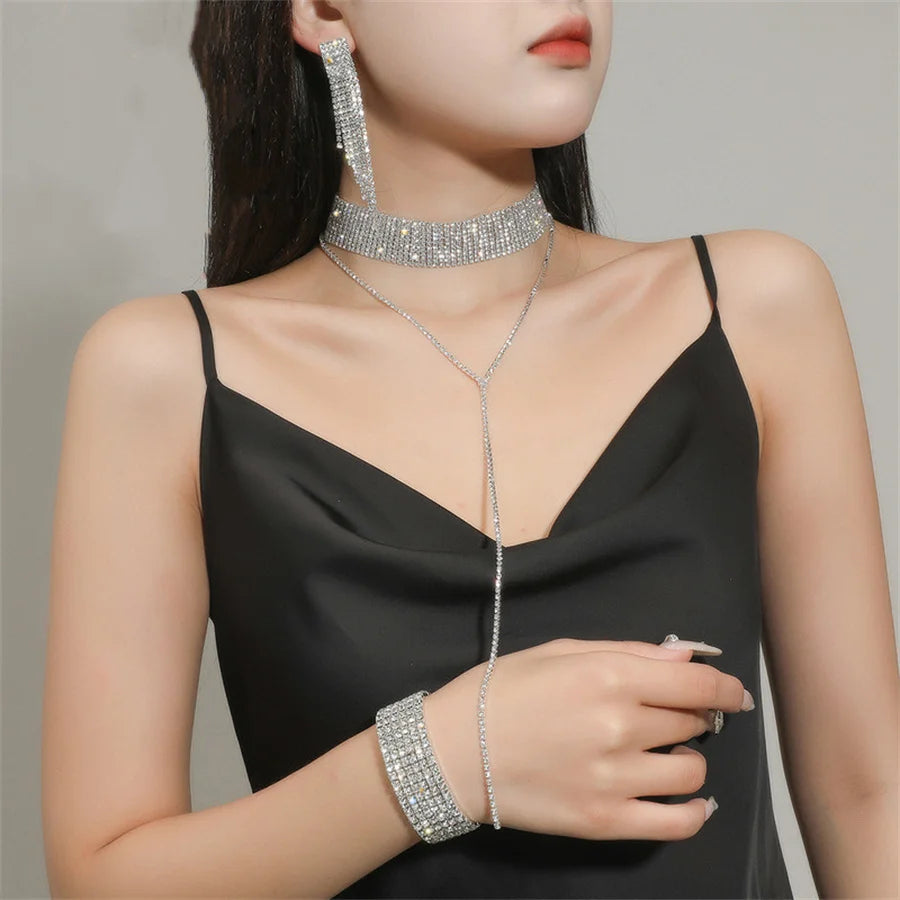FYUAN Fashion Black Rhinestone Necklace Bracelet Earrings For Women Long Tassel Chain Necklace Lady Party Weddings Jewelry Sets