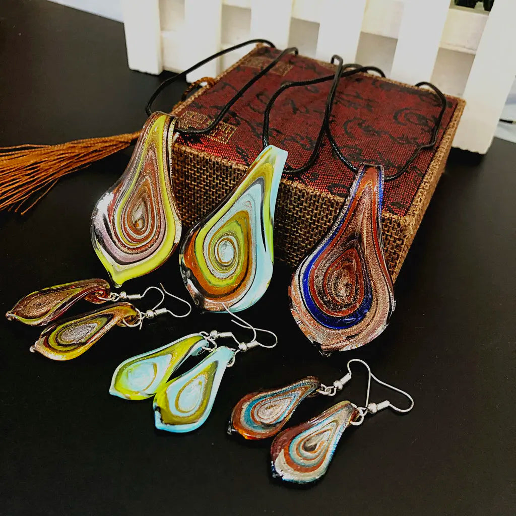 Fashion 3set   Glass Floral Leaf Shape Pendant Necklace Earrings Jewelry Set Handmade Personalized Jewelry for Women