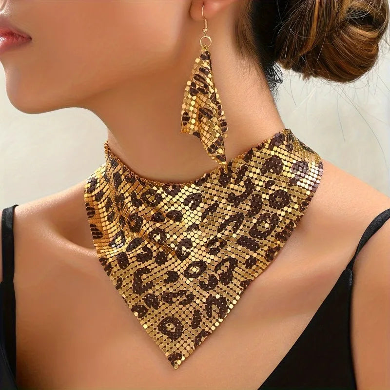 Fashion Leopard Print Jewelry Set 3pcs Sexy Bib Necklace & Dangle Earrings Vintage Elegant Design Versatile Stylish Accessories