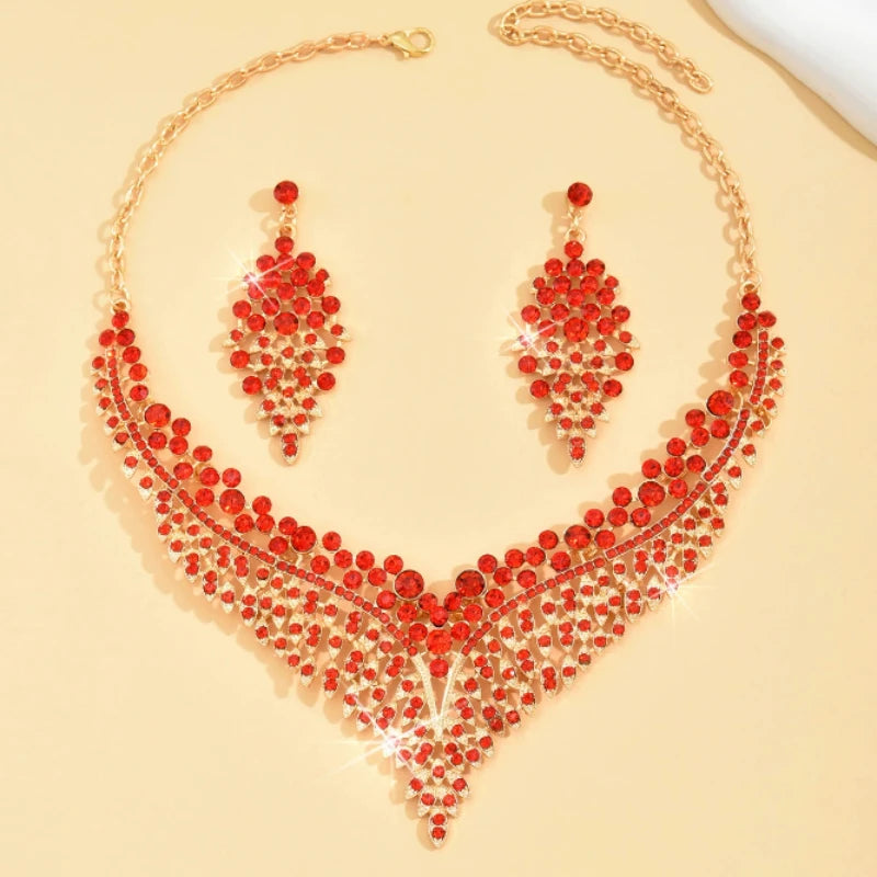 European and American Fashion Shines with Inlaid Zircon Necklace Earrings, Luxurious Wedding Banquet Jewelry Gifts for Women