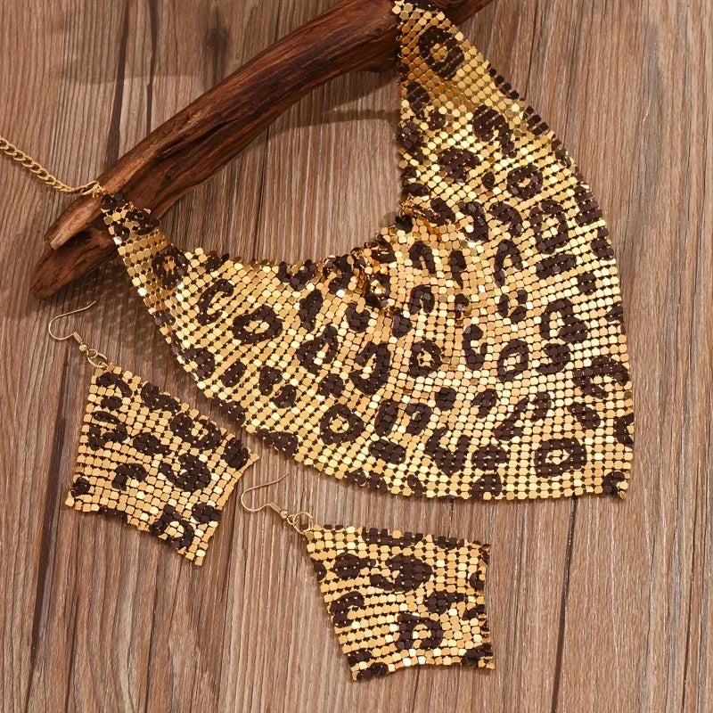 Fashion Leopard Print Jewelry Set 3pcs Sexy Bib Necklace & Dangle Earrings Vintage Elegant Design Versatile Stylish Accessories
