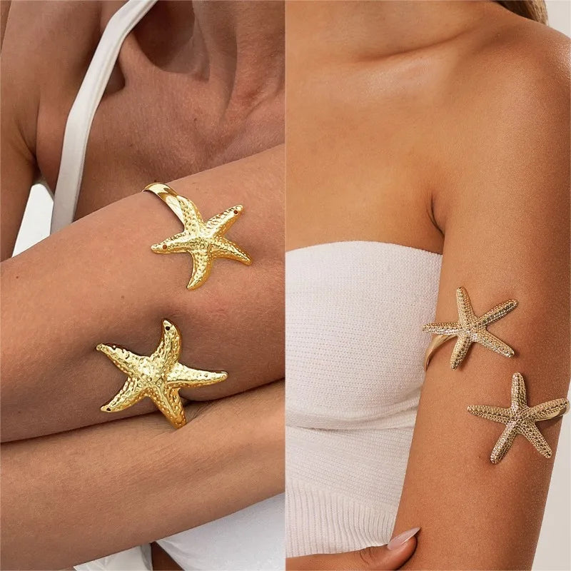 Trendy Metal Starfish Open Cuff Bangles for Women Elegant Flower Spiral Upper Arm Bracelet Boho Beach Vacation Jewelry Gifts
