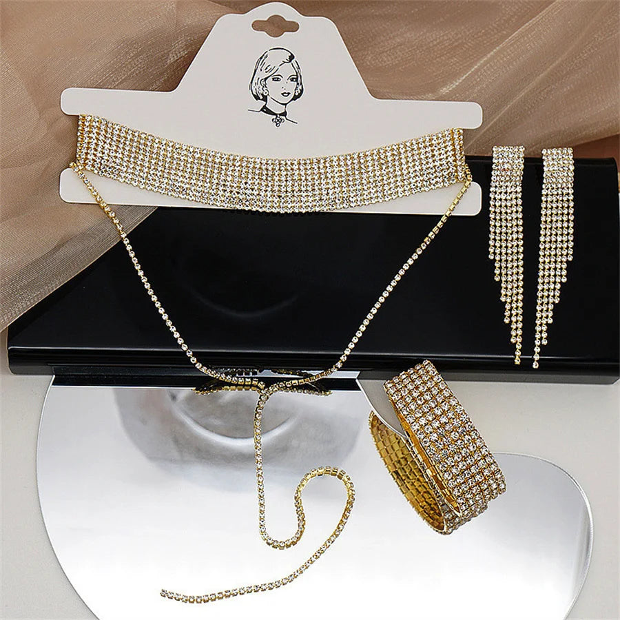 FYUAN Fashion Black Rhinestone Necklace Bracelet Earrings For Women Long Tassel Chain Necklace Lady Party Weddings Jewelry Sets