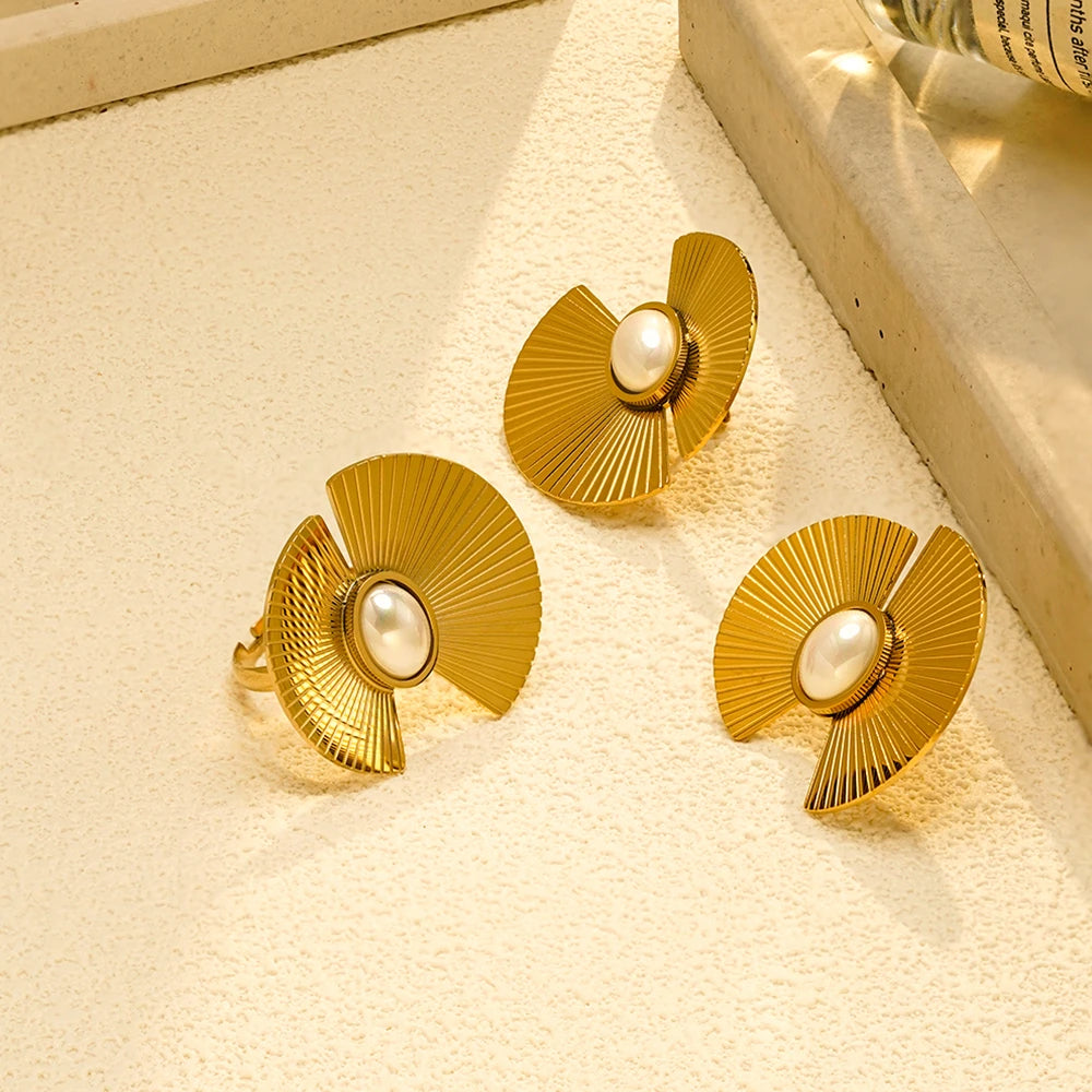 ENFASHION Aretes Flower Batch Pearl Stud Earrings For Women's Stainless steel 18K Gold Plated Fashion Ring Set Jewelry E251738