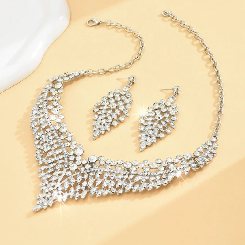 European and American Fashion Shines with Inlaid Zircon Necklace Earrings, Luxurious Wedding Banquet Jewelry Gifts for Women