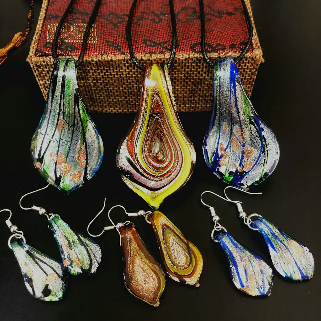 Fashion 3set   Glass Floral Leaf Shape Pendant Necklace Earrings Jewelry Set Handmade Personalized Jewelry for Women