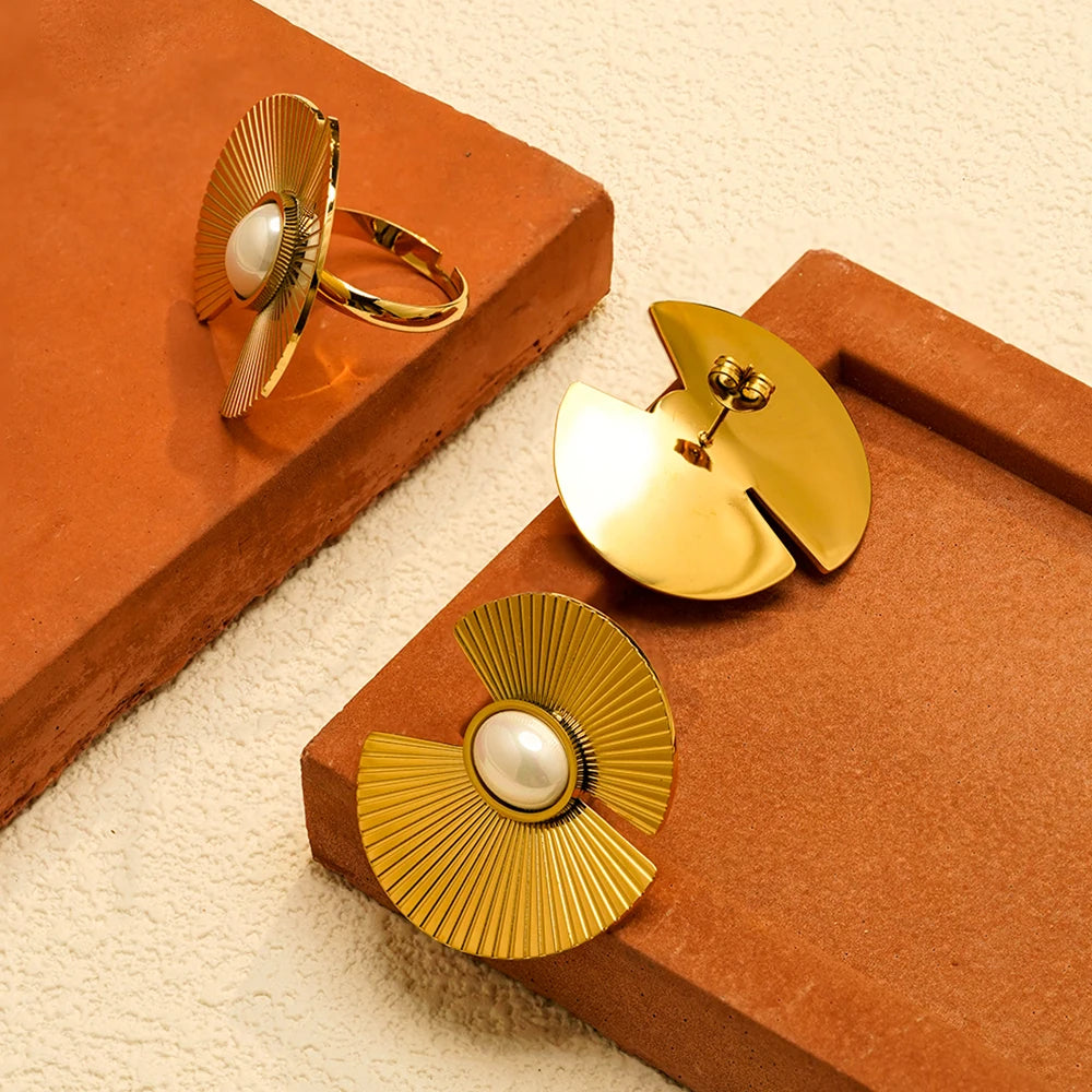 ENFASHION Aretes Flower Batch Pearl Stud Earrings For Women's Stainless steel 18K Gold Plated Fashion Ring Set Jewelry E251738