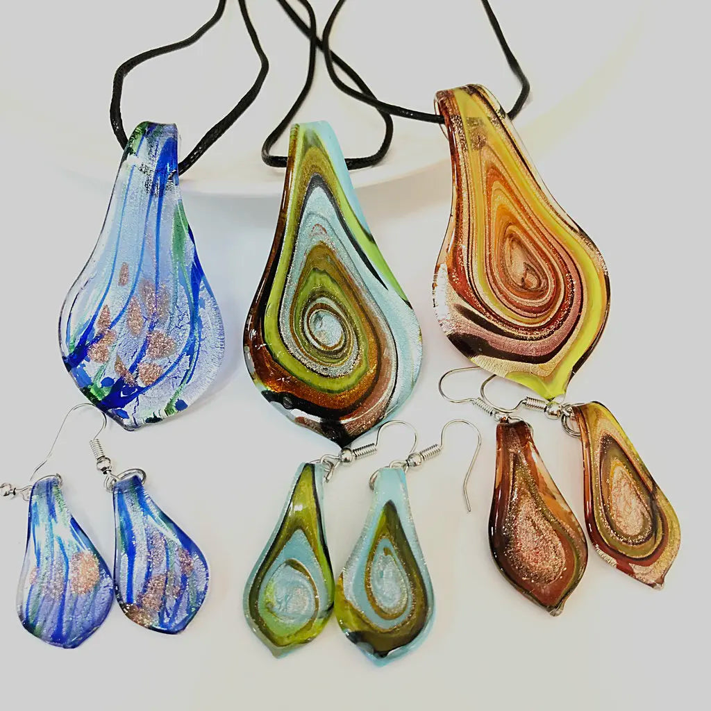 Fashion 3set   Glass Floral Leaf Shape Pendant Necklace Earrings Jewelry Set Handmade Personalized Jewelry for Women