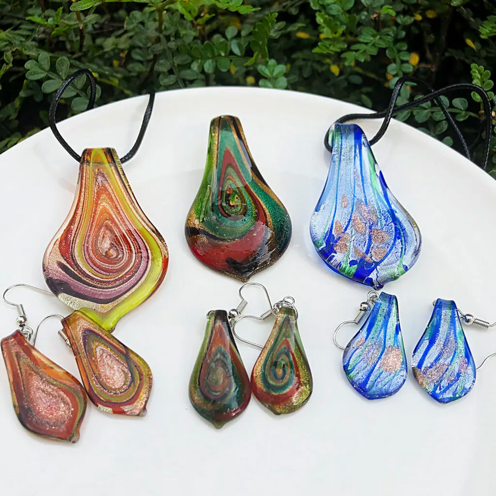 Fashion 3set   Glass Floral Leaf Shape Pendant Necklace Earrings Jewelry Set Handmade Personalized Jewelry for Women