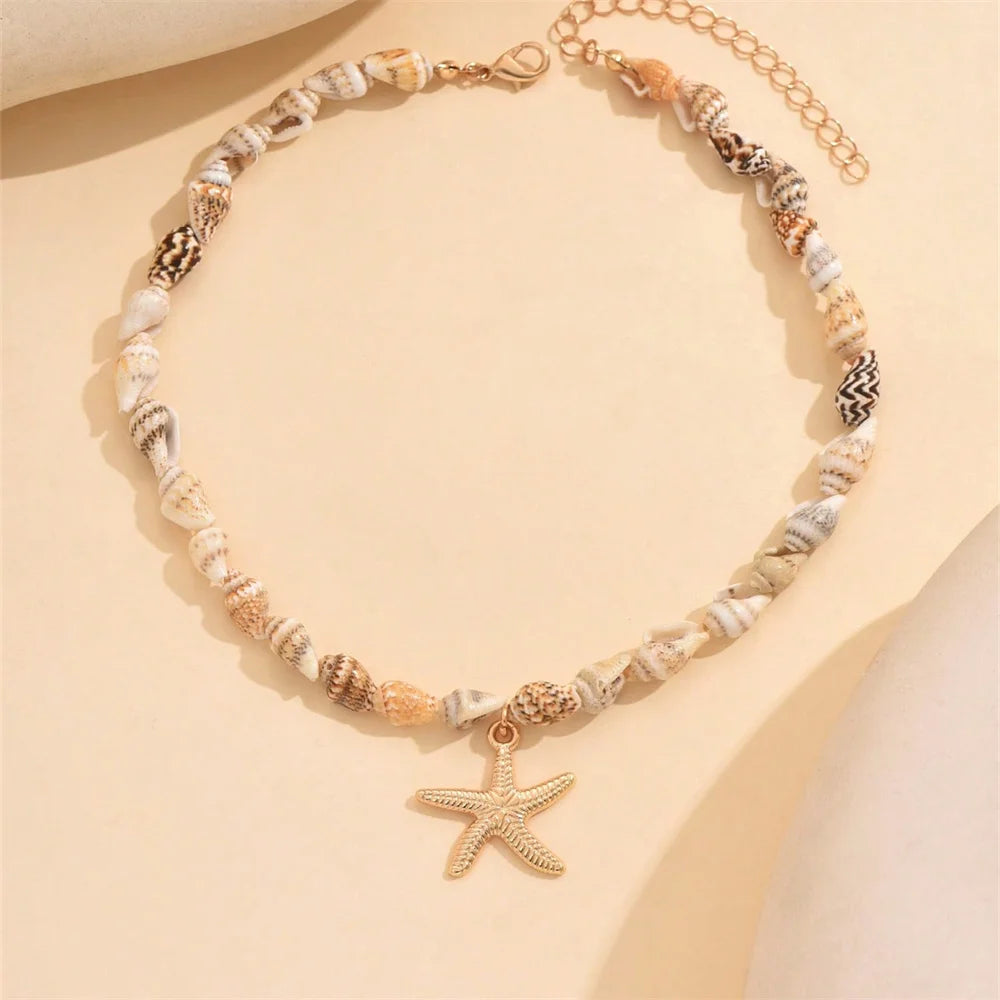 Beach Style Natural Seashell Beaded Necklace With Handmade Tropical Starfish Pendant Fashion Ocean Inspired Jewelry Choker Women