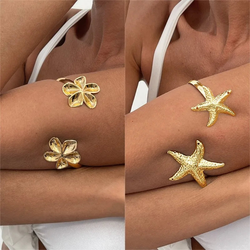 Trendy Metal Starfish Open Cuff Bangles for Women Elegant Flower Spiral Upper Arm Bracelet Boho Beach Vacation Jewelry Gifts
