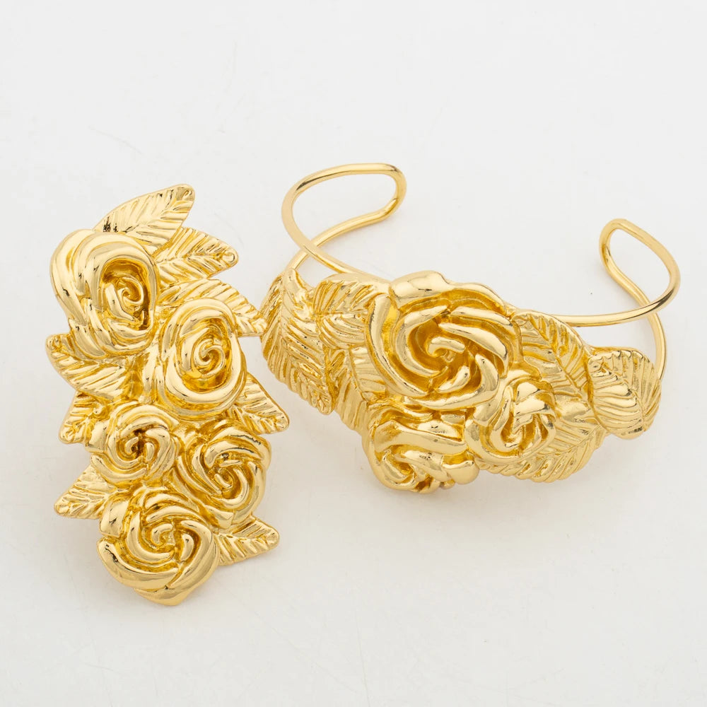 African Fashion Flower Jewelry Set for Women Luxury Gold Color Big Hig Quality Earrring Necklace Bangle Ring Bride Christmas Gif