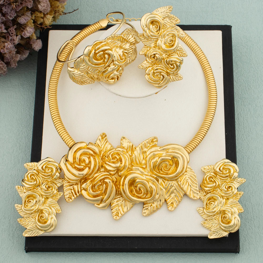African Fashion Flower Jewelry Set for Women Luxury Gold Color Big Hig Quality Earrring Necklace Bangle Ring Bride Christmas Gif
