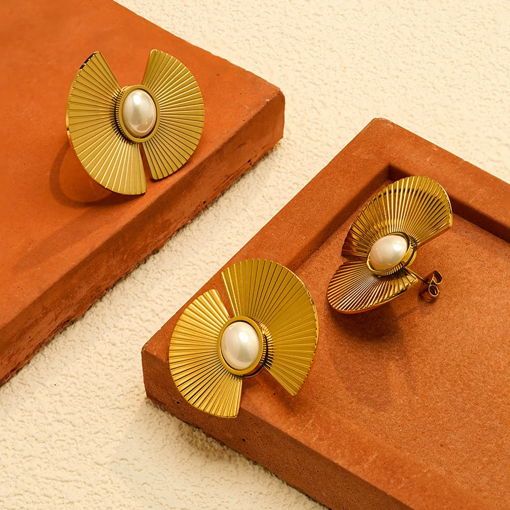 ENFASHION Aretes Flower Batch Pearl Stud Earrings For Women's Stainless steel 18K Gold Plated Fashion Ring Set Jewelry E251738