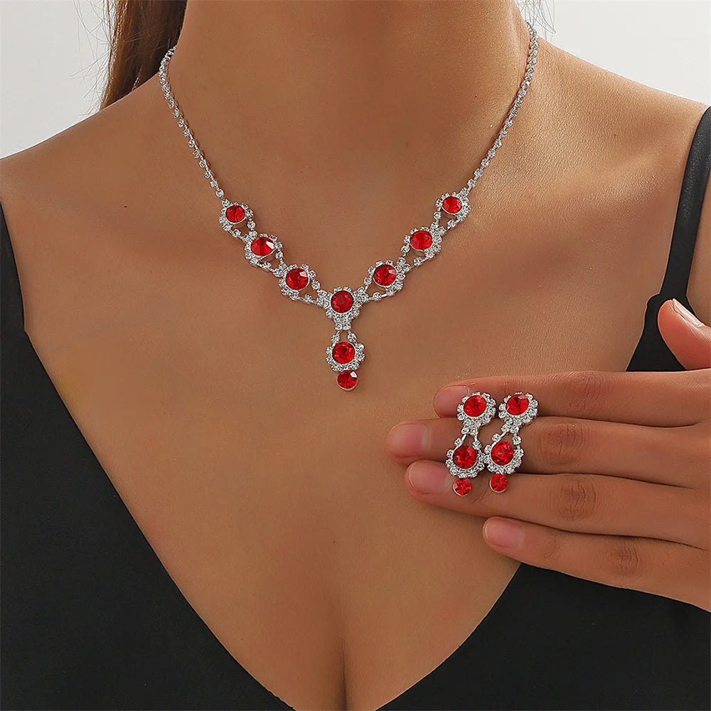 Fashion Necklace Earring Set Women Luxury Emerald Zircon Jewelry Crystal Waterdrop Pendant Choker Necklace Wedding Bride Jewelry