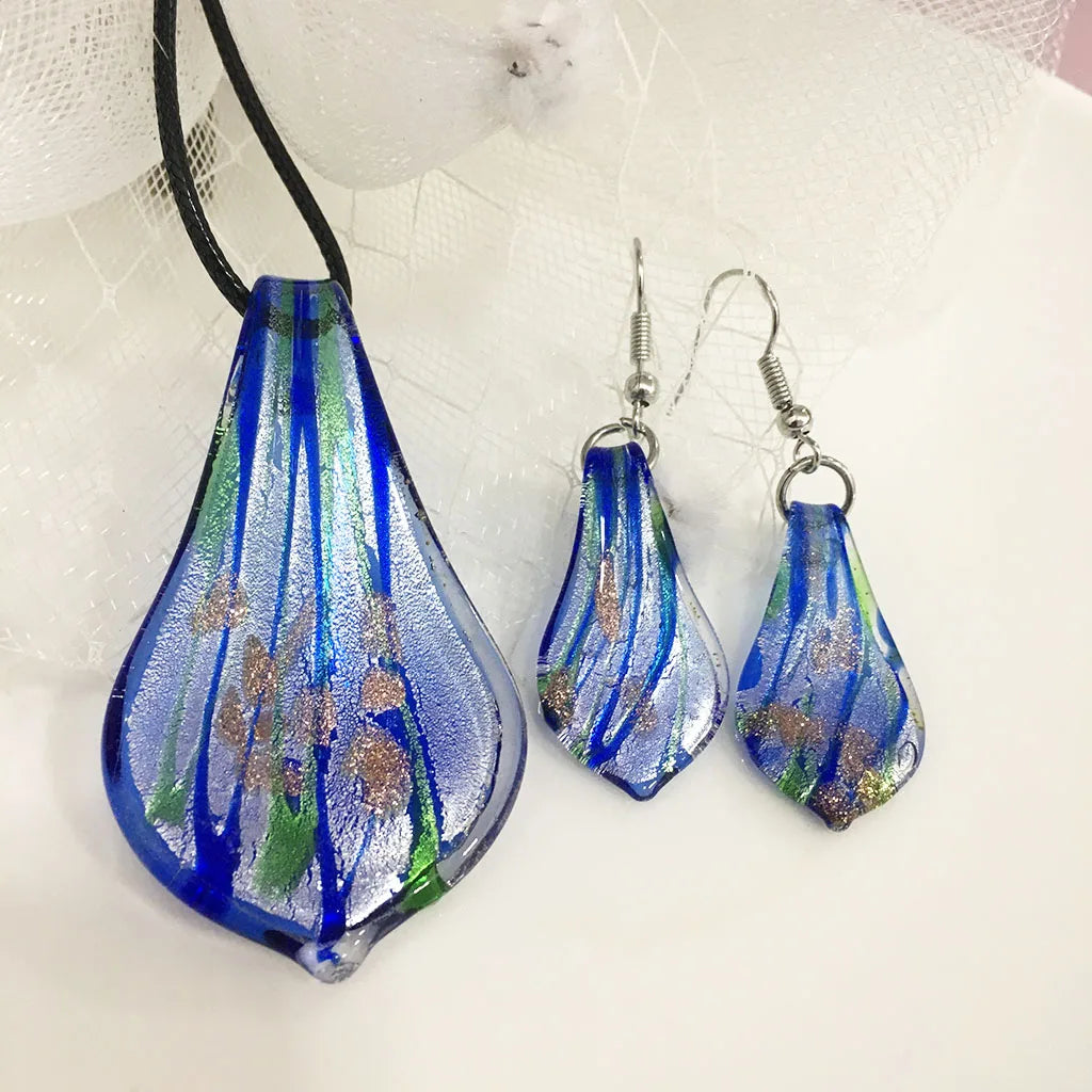 Fashion 3set   Glass Floral Leaf Shape Pendant Necklace Earrings Jewelry Set Handmade Personalized Jewelry for Women