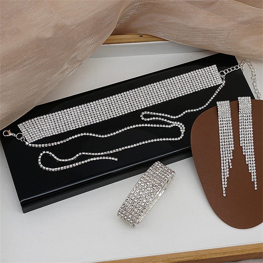 FYUAN Fashion Black Rhinestone Necklace Bracelet Earrings For Women Long Tassel Chain Necklace Lady Party Weddings Jewelry Sets
