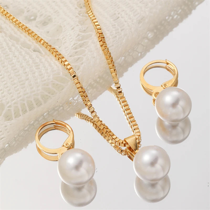 Fashion Elegant Imitation Pearl Jewelry Set for Women Exquisite Pendant Necklace Earrings Bridal Wedding Party Unique Gifts