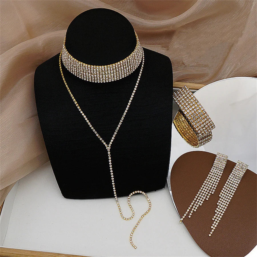 FYUAN Fashion Black Rhinestone Necklace Bracelet Earrings For Women Long Tassel Chain Necklace Lady Party Weddings Jewelry Sets