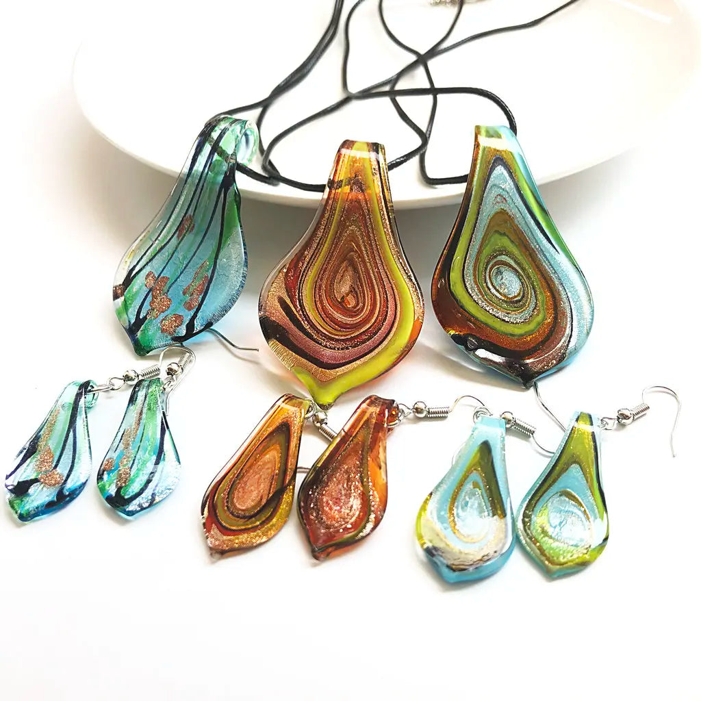 Fashion 3set   Glass Floral Leaf Shape Pendant Necklace Earrings Jewelry Set Handmade Personalized Jewelry for Women