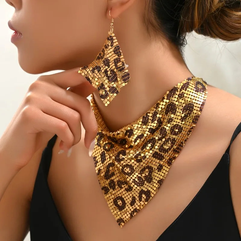 Fashion Leopard Print Jewelry Set 3pcs Sexy Bib Necklace & Dangle Earrings Vintage Elegant Design Versatile Stylish Accessories